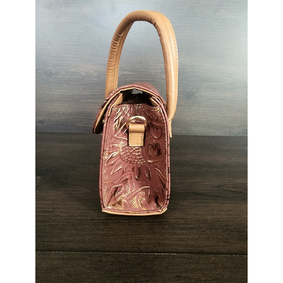Red Wine Gold Sunflower Embossed Tooled Artisan LEATHER Crossbody bag Purse - Picture 9 of 15